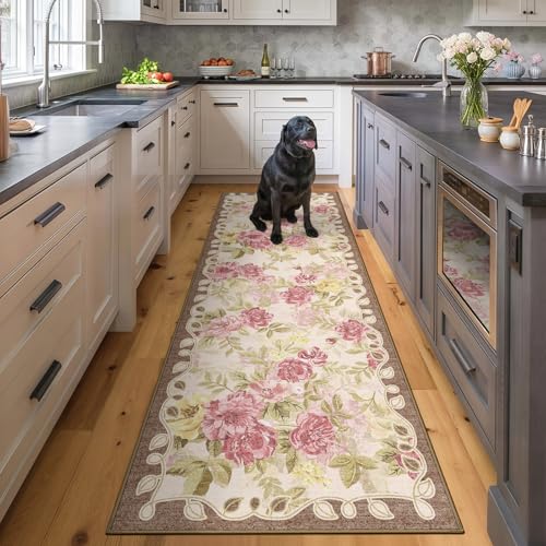 Washable 2x6 Runner Rug, Cream Boho Floral Non-Slip for Hallway, Kitchen | Soft Low-Pile Faux Wool Area Rug for Bedroom, Nursery, Bathroom, Laundry, Kid & Pet Friendly, Stain, Fade & Wear Resistant - color: Dusty Pink, Cream and Sage Green, size: 2' x 6'