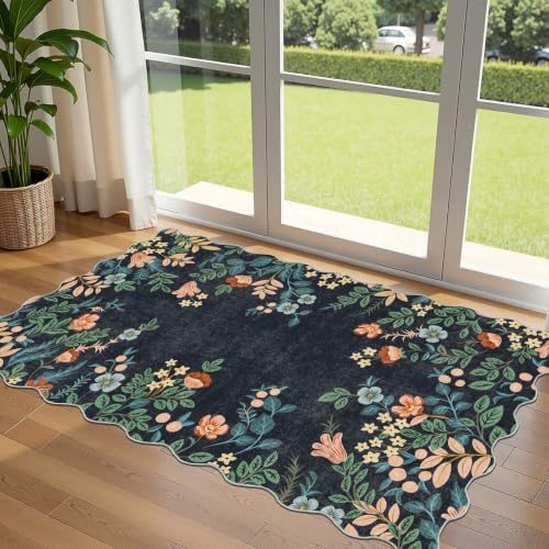 Dark Navy Floral Entry Rug - 3x5 Ft Washable Indoor Outdoor Mats for Front Door Porch Rug Non-Slip Spring Door Mat Boho Throw Rugs for Living Room Bedroom Entryway Kitchen Office Porch Decor - color: Floral - Dark Navy, size: 3' x 5' (Rectangular)