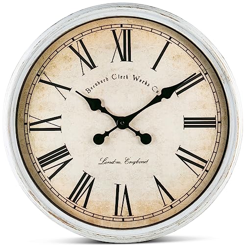 Bernhard Products Large Decorative Wall Clock 20 Inch Silent Non Ticking Battery Operated Quartz Vintage Stylish with Rustic White Rim for Home Living/Dining Room Kitchen & Over Fireplace - style: Rustic White