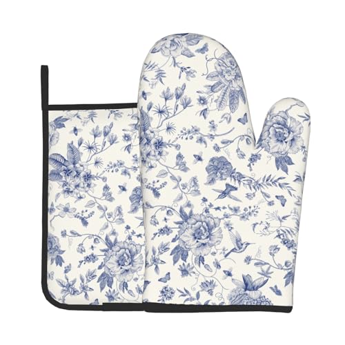 Giwawa Chinoiserie Flower Oven Mitts and Pot Holder Blue Leaves Heat Resistant 2Pcs Washable Oven Gloves Hot Pads for Kitchen Baking Grilling BBQ - color: Chinoiserie Flower