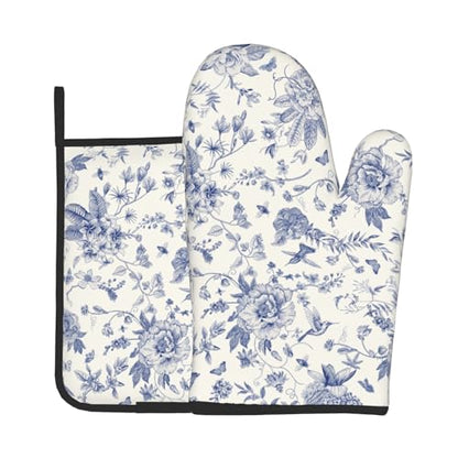 Giwawa Chinoiserie Flower Oven Mitts and Pot Holder Blue Leaves Heat Resistant 2Pcs Washable Oven Gloves Hot Pads for Kitchen Baking Grilling BBQ - color: Chinoiserie Flower