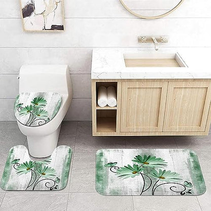 Rustic Farmhouse Bath Mat Set - Daisy Floral & Butterfly Country Wooden Bathroom Mat with Non-Slip Bath Rug, Soft Toilet Lid Cover, Contour Mat - Turquoise - color: Greed