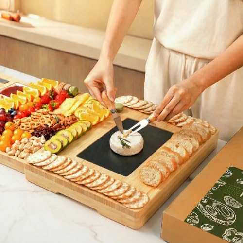 Extra Large Bamboo Charcuterie Board, 3-Layer Pull-Out Cheese Trays | 33.7"x15.7" 3-Layer Pull-Out Cheese Board with Slate Plate, Knife Set, Bowls, Ideal for Home Parties and Housewarming Gifts - color: Natural Bamboo