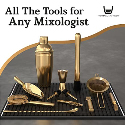 Highball & Chaser Bartender Kit with Espresso Bamboo Stand. Beautiful Cobbler Cocktail Shaker Set with Bar Tools Rustproof Stainless Steel Bar Set (Matte Gold) - color: Matte Gold