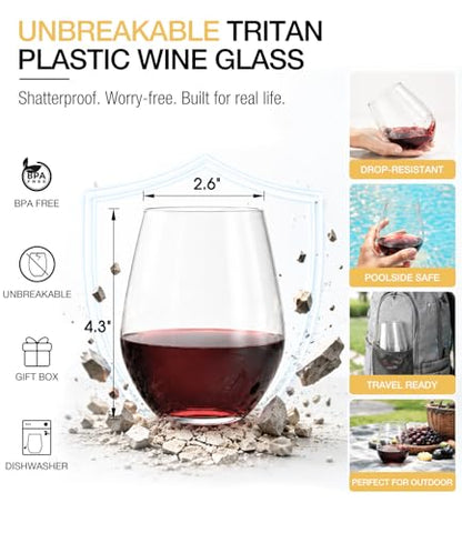 Plastic Stemless Wine Glasses Set of 6, Reusable BPA-Free Tritan Plastic Wine Cups, Unbreakable Wine Glasses for Outdoor Use, Poolside, Party, Camping, 16-Ounce, Lightweight