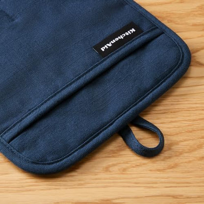 KITCHENAID Gourmet Series Gridlines Pot Holders 2-Pack Set, Heat Resistant up to 600°F, Soft Silicone Grip, Magnetic Cuff, Ink Blue, 8"x8" - color: Ink Blue