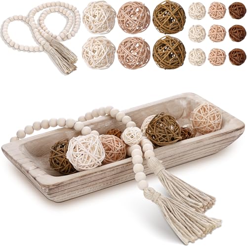 Teenyyou 17 Pcs Wooden Centerpiece Table Decorations Wood Dough Bowl Wicker Rattan Balls Beads String with Tassel Natural Decorative Tray Rustic Bowl Filler for Dining Room Kitchen(White) - color: White