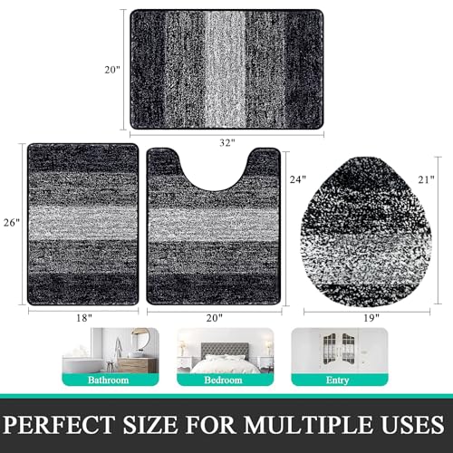 Bsmathom Bathroom Rug Set 4 Piece, Plush Microfiber Bath Mat, Black | Super Water Absorbent, Non Slip Machine Washable Bath Rug Sets with Toilet Lid Cover and U-shaped Contour Toilet Mat - color: Black, size: 18"x26"+20"x31"+U20"x24"+Cover19"x21"
