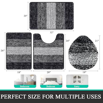 Bsmathom Bathroom Rug Set 4 Piece, Plush Microfiber Bath Mat, Black | Super Water Absorbent, Non Slip Machine Washable Bath Rug Sets with Toilet Lid Cover and U-shaped Contour Toilet Mat - color: Black, size: 18"x26"+20"x31"+U20"x24"+Cover19"x21"