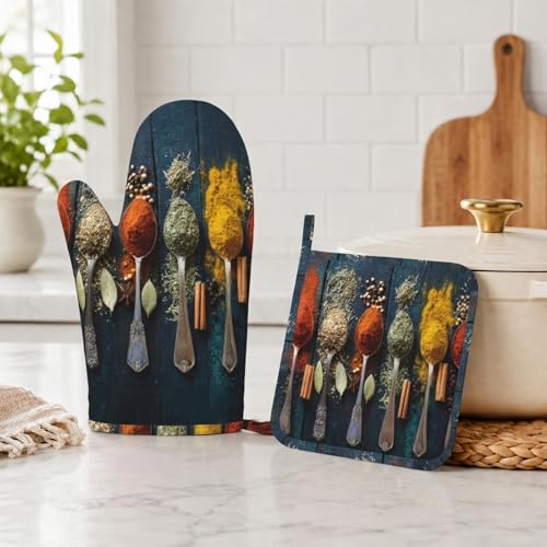 Various Herbs and Spices Oven Mitts and Pot Holders Sets Non-Slip Silicone Surface for BBQ Gloves,Kitchen,Cooking,Baking,Grilling - color: Various Herbs and Spices