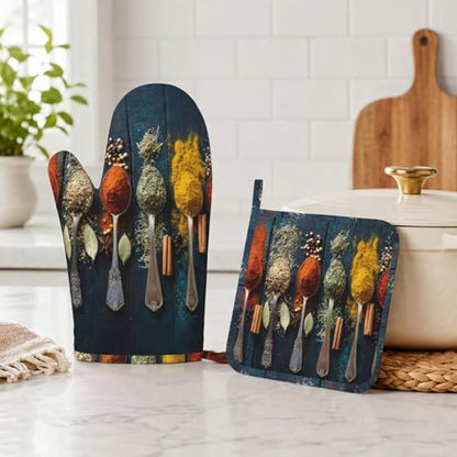 Various Herbs and Spices Oven Mitts and Pot Holders Sets Non-Slip Silicone Surface for BBQ Gloves,Kitchen,Cooking,Baking,Grilling - color: Various Herbs and Spices