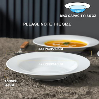 Ceramic Soup Bowls Shallow Plates, Halloween 4 Pack White Dinner Bowls Plates, Porcelain Wide Rim, 8.5" (8.5 oz) Shallow Bowls Ideal for Soup Dessert Salad and Pasta, Microwave and Dishwasher Safe - color: Round8.5"