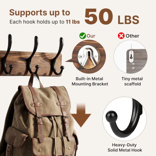 POZEAN Wooden Coat Rack Wall Mount, 2 Pack Wall Mounted Coat Hangers with 5 Double Hooks, Space Saving Organizer for Entryway,Bathroom, Clothes, Jackets, Hats, Keys(‎Brown Plate & Black Hooks)