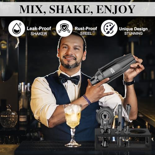 IOV Mixology Bartender Kit With Stand | 12-Piece Cocktail Shaker Set | 24oz Martini Shaker Set For Drink Mixing | Bar Set Includes All Bar Tools And Recipe Booklet | Fun Housewarming Gift (Black) - color: 12 Pcs - Black