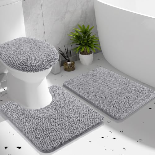 OLANLY Bathroom Rugs Sets 3 piece, Soft Absorbent Chenille Bath Mat, U-Shaped Contour Toilet Mat and Toilet Lid Cover, Quick Dry, Machine Washable, Toilet Cover and Rug Set for Bathroom, Grey - color: Grey, size: 24" X 16" + U24" X 20" + 17.5" X 15"