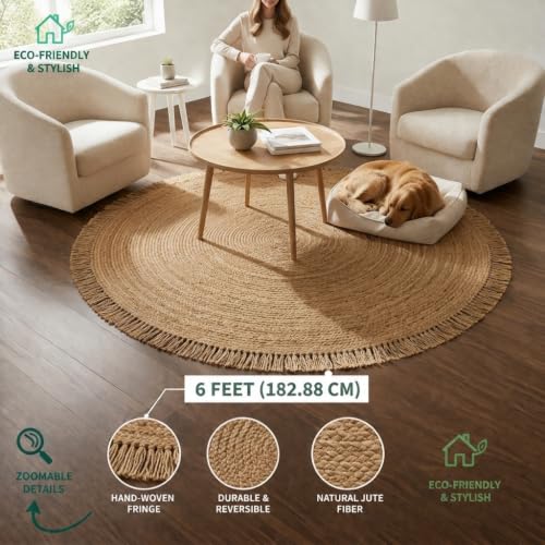 Hand Woven Jute Round Rug, Natural Reversible Boho Area Rug for Entryway, Kitchen, Living Room and Bedroom I Farmhouse Indoor Floor Rug - 6ft, Circular - size: 6' (Round)