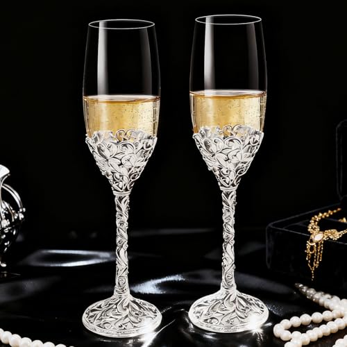 Champagne Flutes -His and Hers,Wedding Toasting Glasses for Engagement Celebrations, Bridal Shower and Registry Idea, Tall Wine Glasses for Bride and Groom Gifts,7oz (Silver new) - color: Silver new
