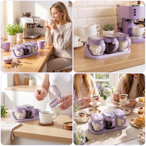 3 Pcs Sugar Coffee Container Set 16 oz Glass Condiment Jar Spice Container Coffee Station Organizer Set with Lable Stickers Scoop for Bean and Sugar Candy, Oats, Nuts (Purple) - color: Purple