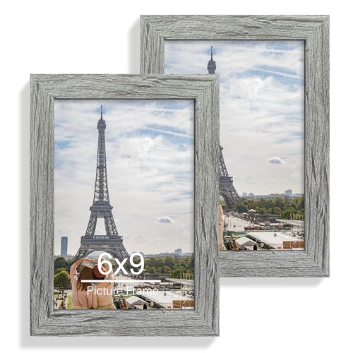 Hongkee 6x9 Picture Frame Set of 2, Made of Real Glass and Rustic Grey Wooden Frame - 6 by 9 Photo for Wall or Tabletop Display - color: Grey, size: 6x9