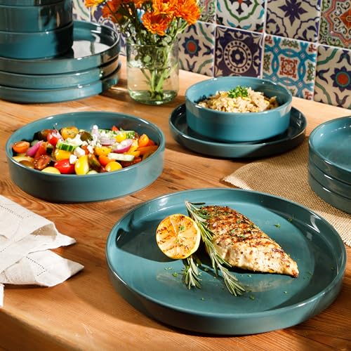 Two Time Oprah's Favorite Things Winner - Santorini Mist Double Bowl Terracotta Reactive Glaze Plates and Bowls Dinnerware Set - Jade Blue Green, Service for Four (16pcs) - color: Jade