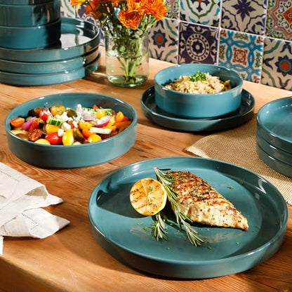 Two Time Oprah's Favorite Things Winner - Santorini Mist Double Bowl Terracotta Reactive Glaze Plates and Bowls Dinnerware Set - Jade Blue Green, Service for Four (16pcs) - color: Jade