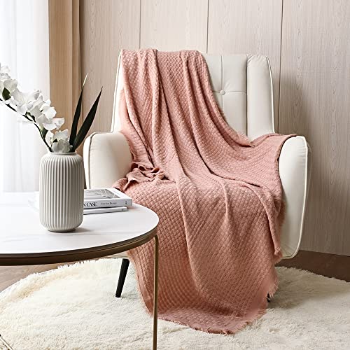 CREVENT Farmhouse Waffle Knit Throw Blanket for Couch Sofa Chair Bed Home Decoration, Soft Warm Cozy Light Weight for Spring Summer Fall (50''X60'' Coral Pink) - color: Coral Waffle