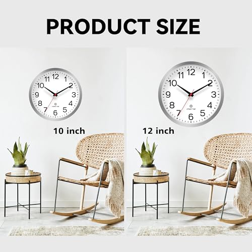 AKCISOT 10 Inch Wall Clock, Silent Battery Operated Analog Clock, Silver | Atomic | Classroom | Kitchen | Office | Easy to Read Numbers | Garage - color: Atomic_silver White, size: 10 Inch