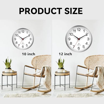 AKCISOT 10 Inch Wall Clock, Silent Battery Operated Analog Clock, Silver | Atomic | Classroom | Kitchen | Office | Easy to Read Numbers | Garage - color: Atomic_silver White, size: 10 Inch