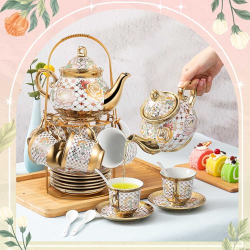 Zhehao 20 Pcs Porcelain Tea Set with Metal Holder and Spoon Adult Ceramic Tea Set European Flower Painting Teapot Cup Saucer Spoon for Women Mom Gift, Large Version (Delicate Style) - color: Delicate Style