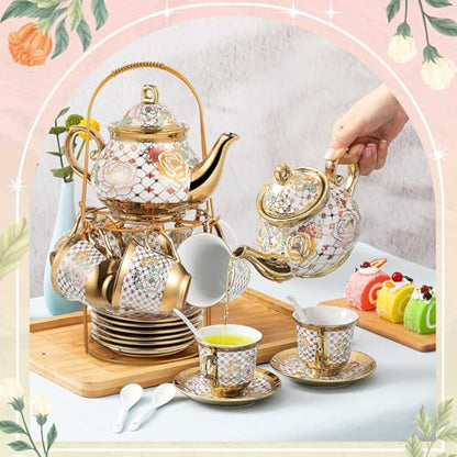 Zhehao 20 Pcs Porcelain Tea Set with Metal Holder and Spoon Adult Ceramic Tea Set European Flower Painting Teapot Cup Saucer Spoon for Women Mom Gift, Large Version (Delicate Style) - color: Delicate Style