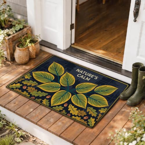 Leaves Welcome Door Mat, Nature Seasonal Acorns Oak Fall Green Skid Resistant Decorative Doormat for House Office Outside Inside Entrance Decor 29x17 Inch
