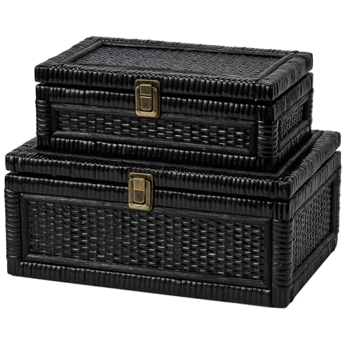 2PCS Rattan Box with Lid Decorative Natural Handmade Boho Basket | Keepsake Memory Jewelry Container, Rectangular Desk Shelf Closet Organizer, Woven Wicker Cane Bins, Black, Small & Large - color: Black, size: Set of 2 (1 Large 1 Small)