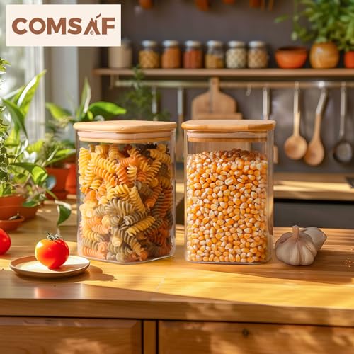 ComSaf Glass Storage Containers wtih Lids 1.2 Qt, Set of 6 Food Storage Jar | Glass Pantry Storage Containers, Square Kitchen Canisters, Pantry Organizers, Tea, Oat, Spice, Coffee, 37oz Jars, BPA Free - size: 1.2Qt*6