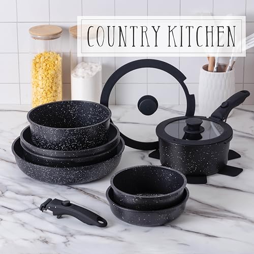 Country Kitchen Cookware Set with Removable Handle, Oven & RV Safe Pots and Pans Set, Black, Deluxe Larger Set - color: Black, size: Larger