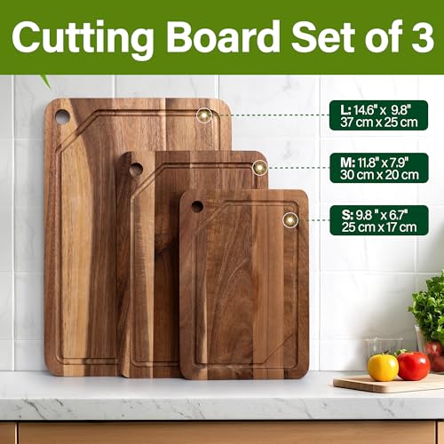 WILLKOMMEN Acacia Wood Cutting Board for Kitchen, 3-Piece Chopping Boards Set with Stand, Juice Groove, Handles & Hanging Holes, Butcher Block for Meat, Vegetables (Small, Medium, Large) - color: Acacia Wood Set of 3 with Hole