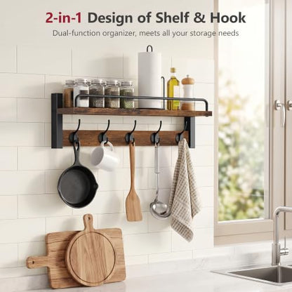 Coat Hanger Wall Mount with Shelf and Guardrail, 16.3" Rustic Brown | Coat Rack Wall Mount with Shelf with 5 Coat Hooks, Storage Entryway Wall Hooks with Shelf for Living Room, Bedroom, Bathroom - size: 16.3 Inch Long