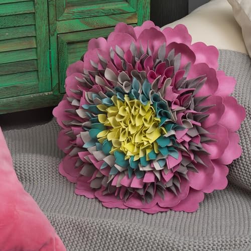 Decorative 3D Flower Round Velvet Throw Pillow Handmade Cute Floral Pillowcase with Insert Soft Elegant Accent Cushion for Couch Bed Living Room Bedroom Farmhouse Home Decor 14 Inch Hot Pink