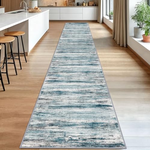 KOZYFLY Modern Abstract Hallway Runner Rug, 2.6x18 Washable Rug Runner Non-Slip Soft Striped Stair Runner Rugs, Print Blue Carpet Runner for Kitchen Entryway Bathroom Laundry Room Foyer - color: Blue, size: 2'8" x 18' (Runner)