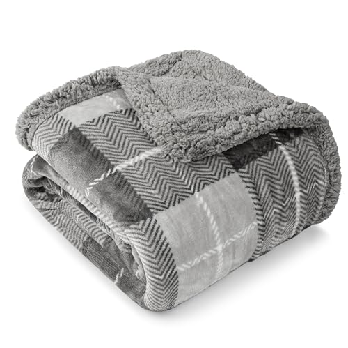 PAVILIA Twin Plaid Sherpa Throw Blanket for Couch Sofa Bed Light Grey 60x80 | GSM 460; Soft Plush Flannel Fleece; Warm&Cozy for Home; Machine Washable, Perfect Cabin Decor Winter Holiday Christmas Gift - color: Plaid Light Gray, size: 60 x 80 Inches