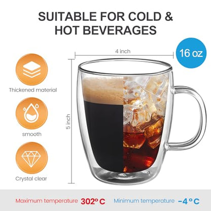 YUNCANG Double Wall Insulated Coffee Mugs, 16 Ounces - Clear Glass, Cappuccino & Latte Cups, Heat Resistant - style: 2PACK-16oz