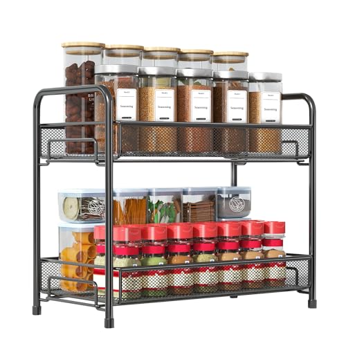 Spice Rack Organizer for Countertop,Xpatee 2-Tier Foldable Metal Rust-Proof Standing Large Seasoning Storage Shelf with Guardrail and Mesh Design for Kitchen Cabinet Bathroom Living Room Pantry, Black - size: Black-1 pack