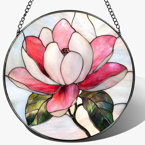 8-Inch Stained Glass Ornament, Stained Glass Window Hanging, Window Hanging Decor Suncatcher, Magnolia Flower Ornament | Holiday, Mother's Day, Birthday | Gifts for Nature and Garden Lovers - color: Magnolia
