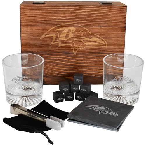 The Memory Company Licensed NFL Wood Boxed Drinkware Gift Set - Includes 2 Premium Rock Glasses, Cooling Cubes, Tongs, and Coasters, Baltimore Ravens - color: Baltimore Ravens