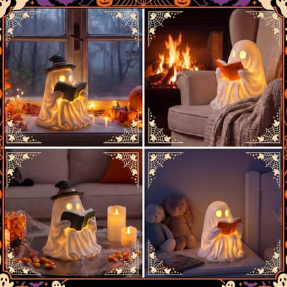 Fumete 2 Pcs Reading Ghost Halloween Decorations - Aesthetic Spooky Resin Light up Cute Ghost Couple with Book, Halloween Indoor Figurines for Mantel, Shelf & Tabletop Cozy Room Party Decor - style: Reading Ghosts