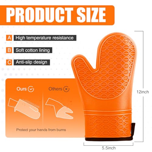 Silicone Oven Mitts, Heat Resistant 2PCS Oven Mitts with Soft Cotton Lining, Waterproof Non-Slip Grip Oven Glove, Kitchen Potholder Mits for BBQ, Baking, Cooking, 12.5 Inch - Orange - color: Orange