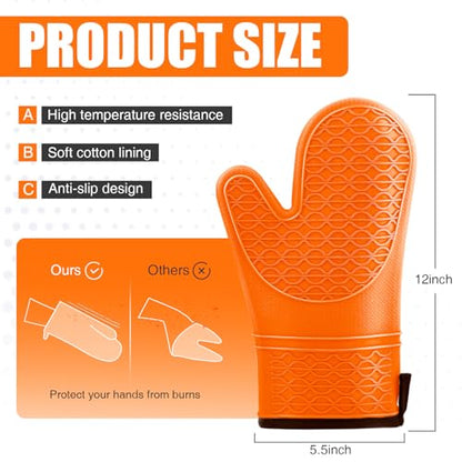 Silicone Oven Mitts, Heat Resistant 2PCS Oven Mitts with Soft Cotton Lining, Waterproof Non-Slip Grip Oven Glove, Kitchen Potholder Mits for BBQ, Baking, Cooking, 12.5 Inch - Orange - color: Orange