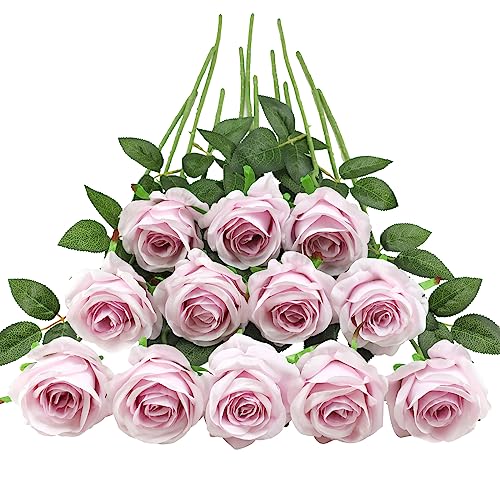 Tifuly 12pcs Roses Long Stem Fake Silk Artificial Flowers Light Purple | 12 Pcs Long Stem Silk Roses, Realistic Fake Roses with Stems for Bridal Bouquets, Home and Office DIY Decor - color: Light Purple