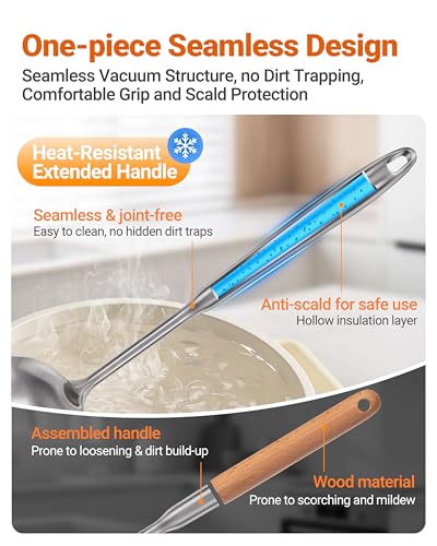 304 Stainless Steel Kitchen Utensils Set - 15PCS Long Metal Cooking Utensil Serving Utensils Set, Masher, Whisk, Turner, Serving Spoon, Fork, Tongs, Skimmer, Ladle, etc (Dishwasher Safe)