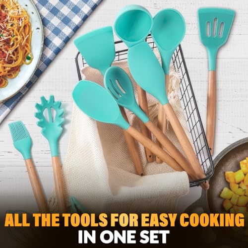 Teal Kitchen Utensils Set with Holder, 12 Pcs, Wooden Handle | BBQ Cooking Utensils that Bake, Serve, Mix & Flip; Silicone Heads Stay Non-Scratch on Nonstick Pots & Pans; Housewarming Gift - color: Teal