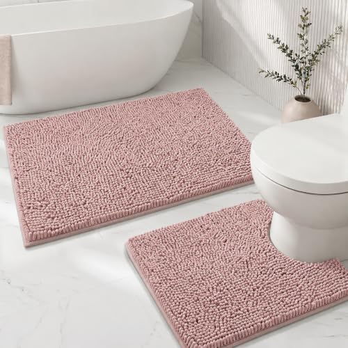 Bathroom Rugs Sets 2 Piece,Super Absorbent Soft,Thick,Machine Washable Chenille Bath Mat,Non Slip Toilet Floor Rug,Bath Mats for Bathroom,20x32 Plus 20x20 U Shape,Dusty Rose - color: Dusty Rose, size: 1'8" x 2'8" (20x32''+20x20''U shape)